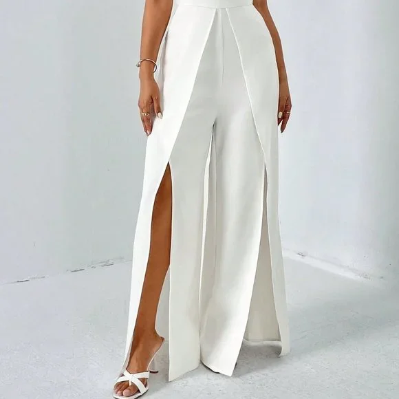 White Preppy Womens Split Thigh Tube Jumpsuit - Picture 4 of 5